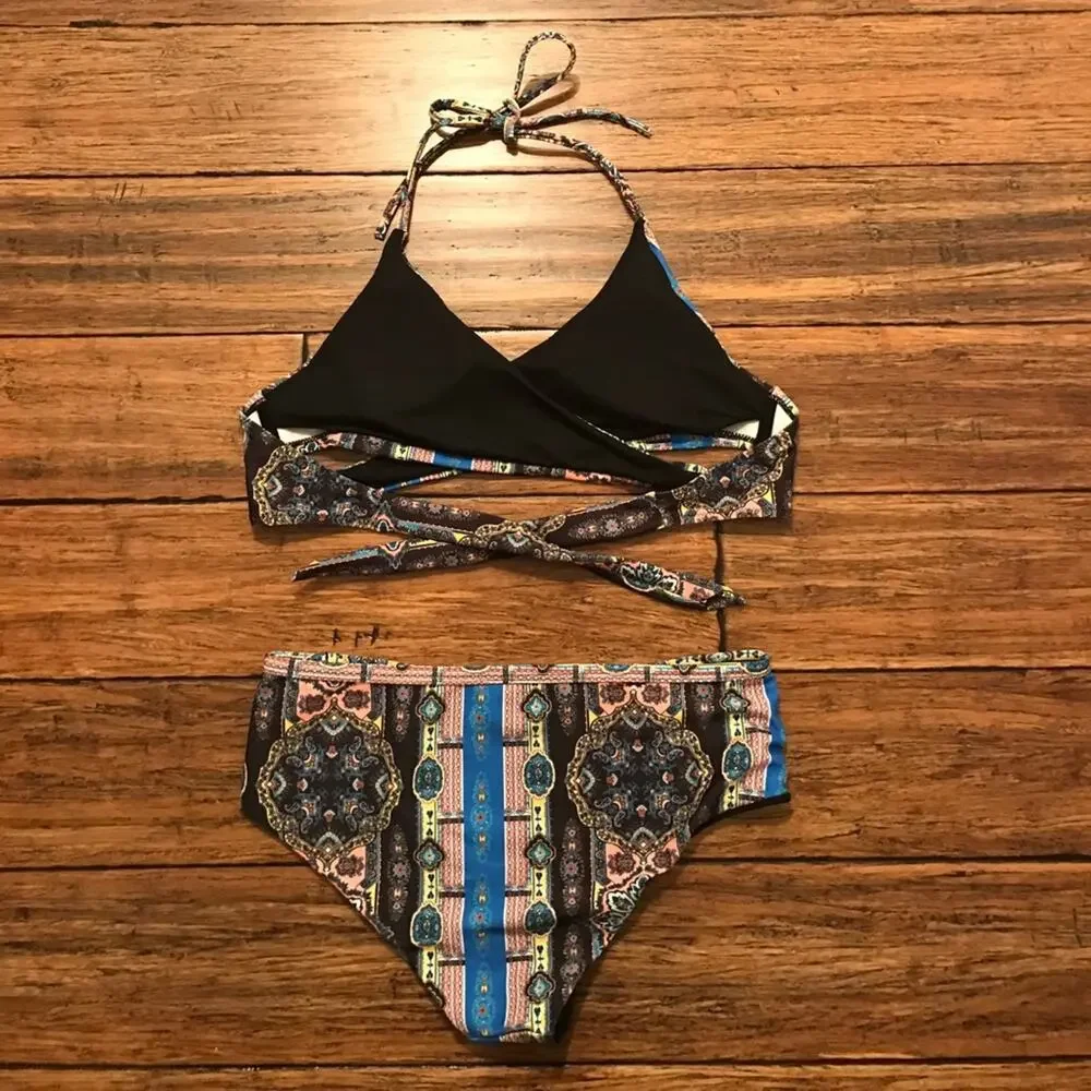 Tribal Print Criss Cross Bikini Cutout Two Piece Swimsuit Boho Beach